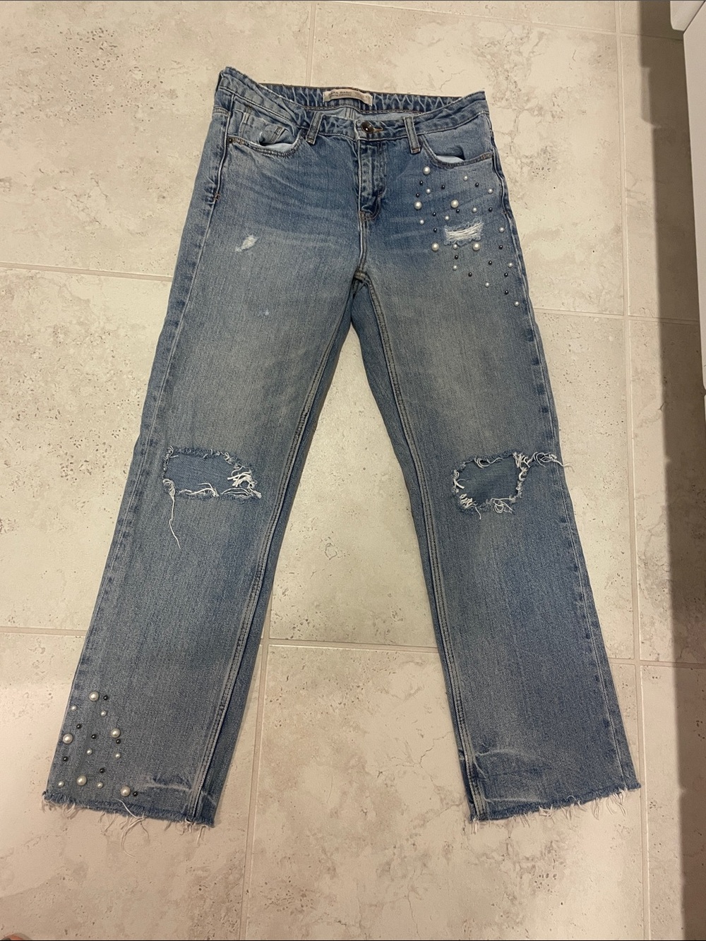 Zara Light Blue Distressed Straight-Leg Jeans with Pearl Studs